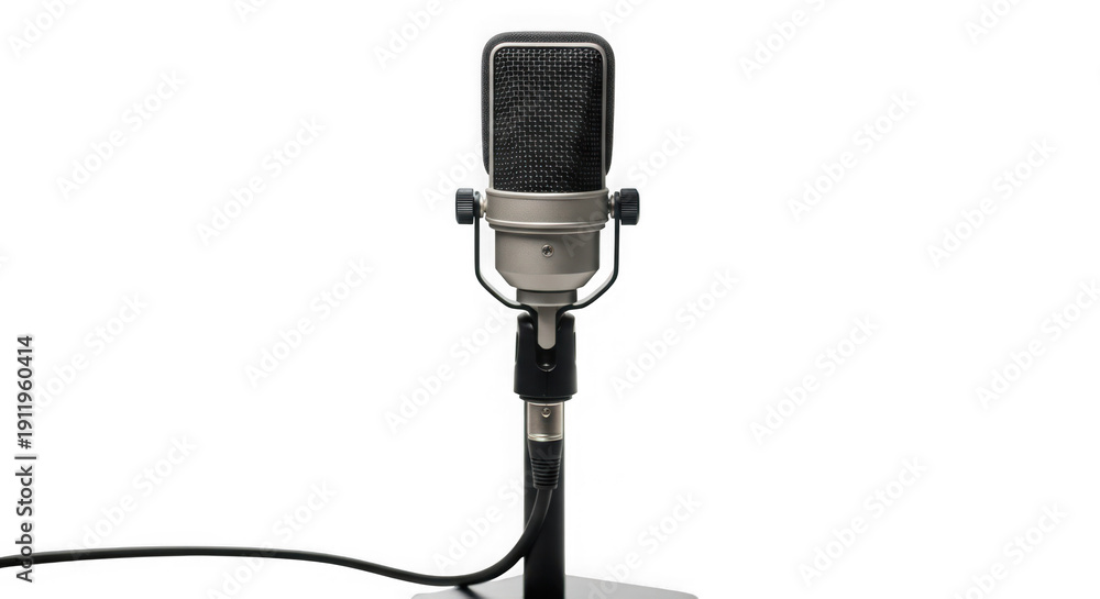 Fototapeta premium Professional studio microphone on a stand with cable attached for recording purposes transparent background