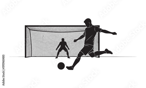 Soccer player kicking ball into goal with goalkeeper in background