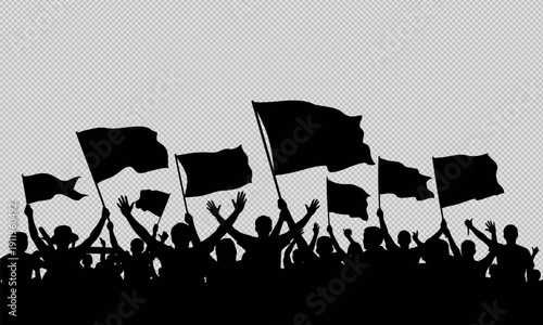 A group of people protesting with black flags in the air