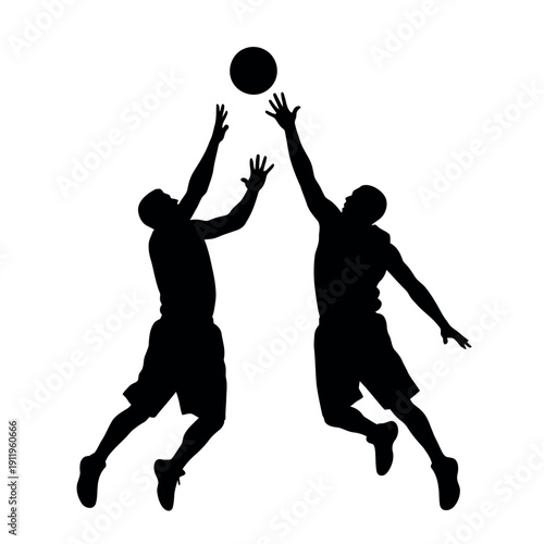 Two basketball players in mid air competing for the ball