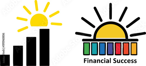 Vector illustration of two financial success icons: one with a yellow sun rising over black bar graphs, and another with a sun over a colorful building labeled 'Financial Success'