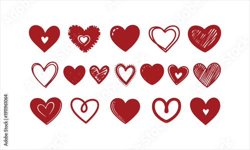 Collection of diverse red heart shapes, including sketched, solid, and outlined styles for creative use.