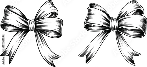 Set of hand drawn ribbon bow vintage illustrations, decorative black and white elements for gift packaging