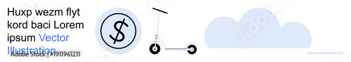 Transportation, finance management, environmental impact, urban commuting, clean energy, mobility. Electric scooter with a dollar sign element and cloud. Transportation and finance management