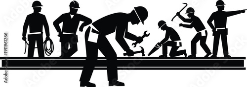 Black silhouette of construction workers on steel beam, industrial laborers with tools, professional builders working together, manual labor team for engineering and development