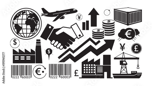 Global business and industry icons representing finance trade and development.