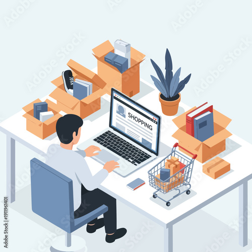 Man shopping online on laptop with packages on desk.