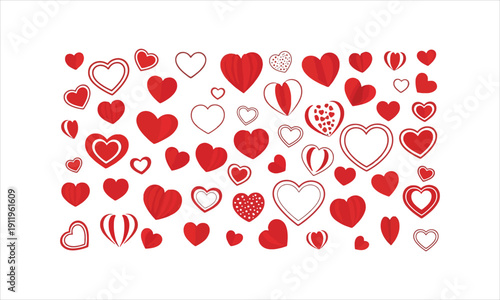 A vibrant assortment of red hearts in numerous styles, perfect for Valentine's Day and love-themed designs.