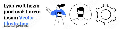 Female professional pointing while holding tablet, circular male portrait, gear icon suggesting teamwork, profile, technology, or communication. Ideal for business, networking, HR profiles