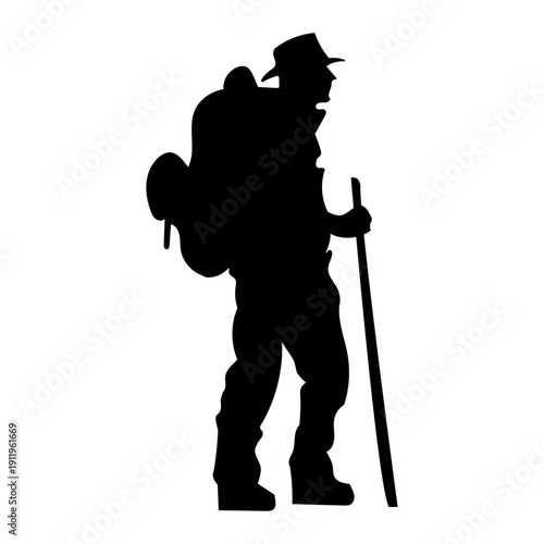 Silhouette of a hiker carrying a backpack and holding a walking stick on a white background