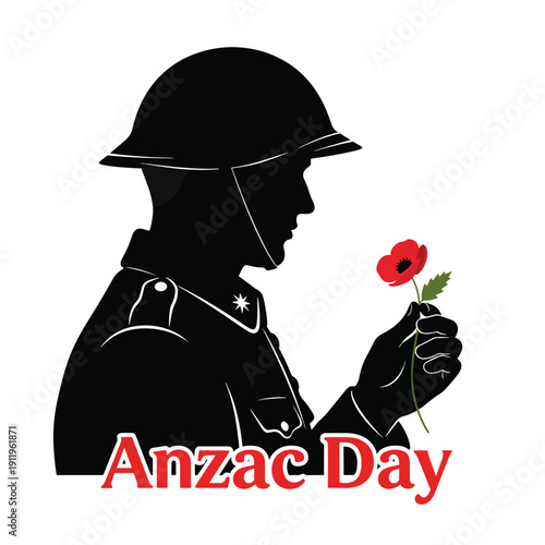 Anzac Day Commemoration: Soldier Silhouette Holding Poppy, Remembrance Graphic