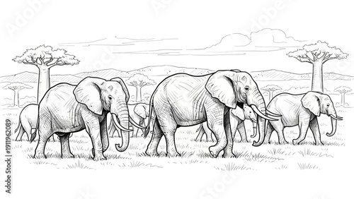 Line art illustration of an African elephant herd walking across the savanna