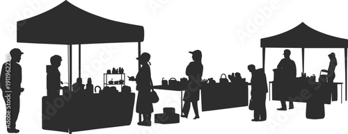 Silhouette illustration of farmers market with canopy tents, vendors, and customers, showcasing local produce, community commerce, and outdoor shopping in a lively marketplace scene