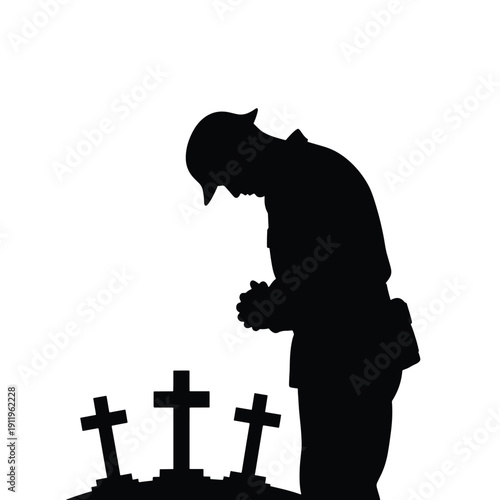 Military personnel silhouette mourning at graves, solemn remembrance vector illustration