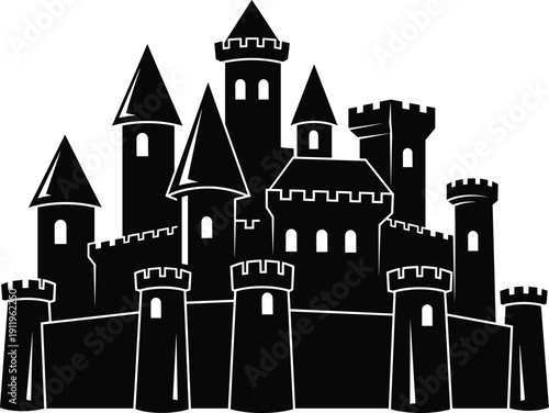 “Stylized medieval castle silhouette with towers, turrets, battlements, and crenellated walls symbolizing fortress strength, fantasy history, and architectural heritage”