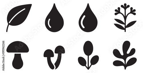 Environmental icons set with water droplets forest mushrooms and various leaf shapes in flat silhouette