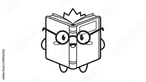 Whimsical monochrome cartoon illustration of a book with glasses, a playful reading character.
