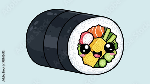 A cheerful sushi roll with a cute face illustration