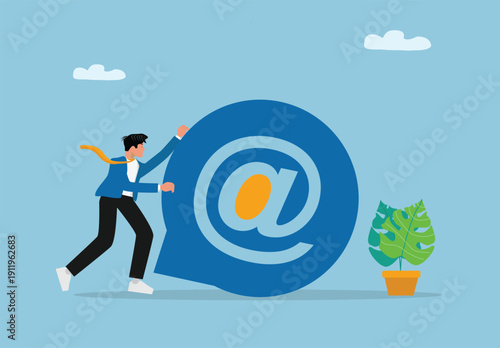 Digital Communication and Email Illustration with Person Pushing Large At Symbol Icon for Online Messaging