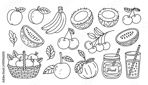 Collection of fruits and beverages in simple outline drawing style, including apples cherries bananas