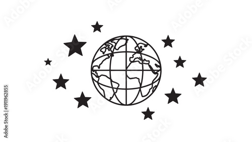 Global globe with star circle symbolizing worldwide travel and exploration.