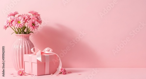 Beautiful pink flowers and gift box on mother's day with soft pink background