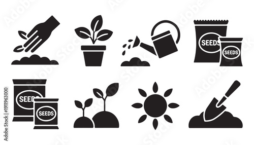 Agricultural icons showing seed packets hands planting watering can growing sprout sun and spade set