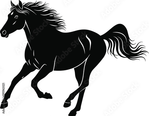 “Silhouette of galloping horse with flowing mane and tail symbolizing speed, power, elegance, freedom, and dynamic movement”