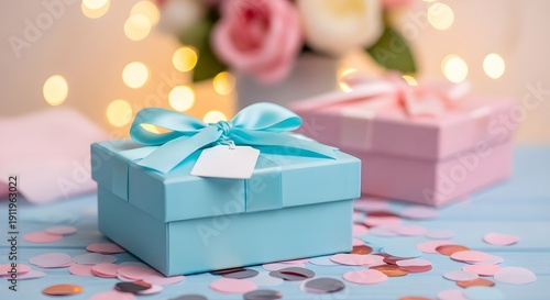 Beautiful gift boxes for mom on mother's day with flowers and lights