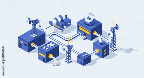 Abstract isometric network of communication towers and equipment.