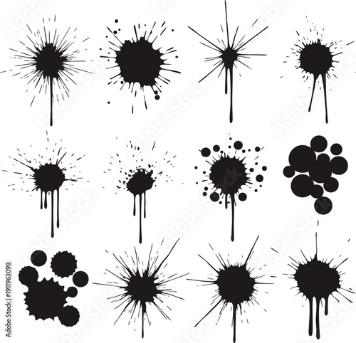Set of various black paint splatters and ink blots, isolated on transparent background