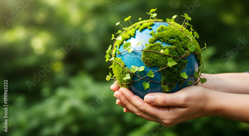Earth day concept person holding a green globe with lush foliage representing environmental conservation and sustainability on earth day