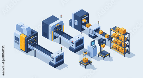 Automated Factory Production Line with Robotic Arms and Conveyor Belts.