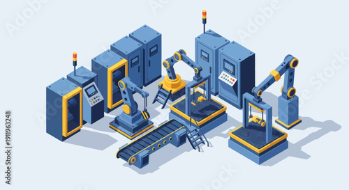 Automated factory production line with robotic arms and conveyor belts.