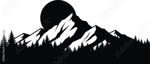 “Silhouette of mountain landscape with jagged peaks, sun or moon backdrop, coniferous forest foreground symbolizing wilderness, tranquility, and natural beauty”