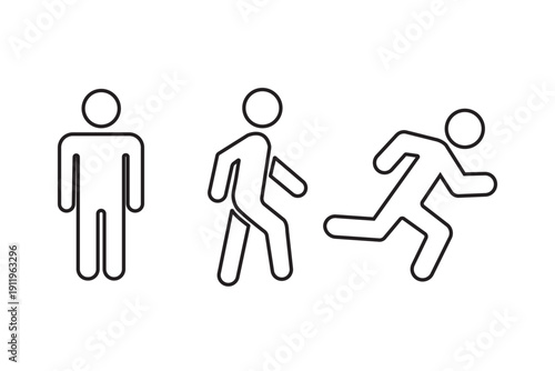 Man stands, walk and run icon set. People symbol. Person standing, walking and running illustration. Run, walk, stand. Vector illustration