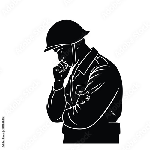 Solemn Military Figure Reflecting in Abstract Setting - Vector Illustration of a Pensive Soldier