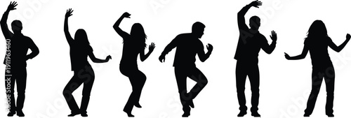 Vector silhouette of diverse group of young happy people dancing and partying in various energetic poses isolated on white background