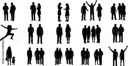 Standing People Silhouettes Collection, Vector Men and Women in Groups, Families and Business Professionals, Casual and Active Poses, Isolated Illustration