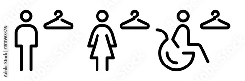 Male, female and disabled dressing room icons. Simple contour symbols representing public wardrobe and locker areas.