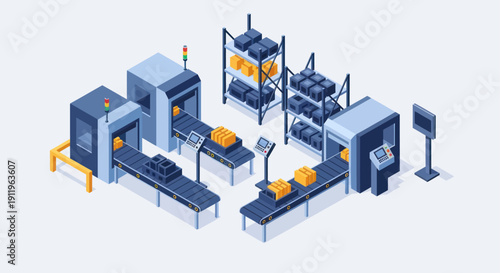 Automated Industrial Production Line with Conveyor Belts and Machines.