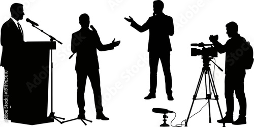 Silhouettes of four businessmen speaking and recording on camera at podium with microphone