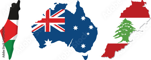 Vector Set of Country Maps with National Flag Colors for Palestine, Australia, and Lebanon Isolated on White.