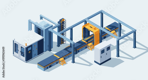 Automated Industrial Production Line with Conveyor System and Robotic Arm.
