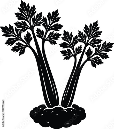 Black silhouette of fresh celery stalks with leafy tops growing from soil, isolated vector illustration for healthy food, gardening, and organic cooking