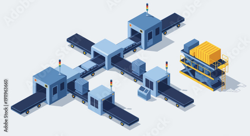 Automated Industrial Production Line with Conveyor System and Packaging Machine.