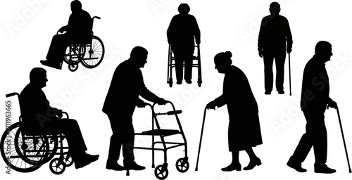 Silhouettes of elderly people with mobility issues using walkers and wheelchairs for accessibility