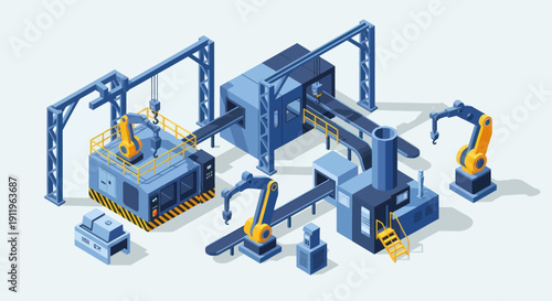 Automated Industrial Production Line with Robotic Arms and Conveyor Belts.