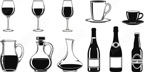 black and white illustration of various drinkware and bottles on white background