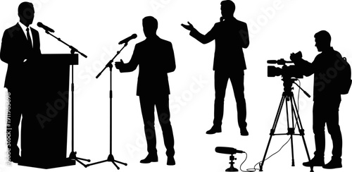 Silhouettes of people speaking and recording at a podium with microphones and camera  isolated on transparent background